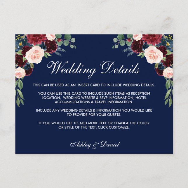 Carte Postale Burgundy Blue Floral Détails du Mariage Insérer un (Devant)