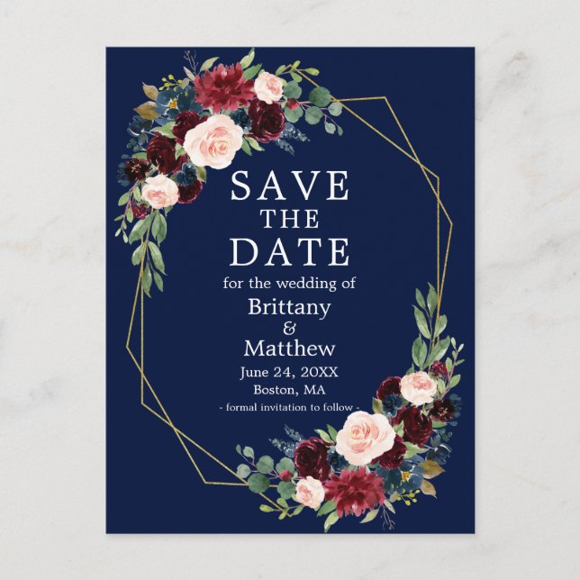 Carte Postale Burgundy Blue Floral Geo Frame Enregistrer la date (Devant)