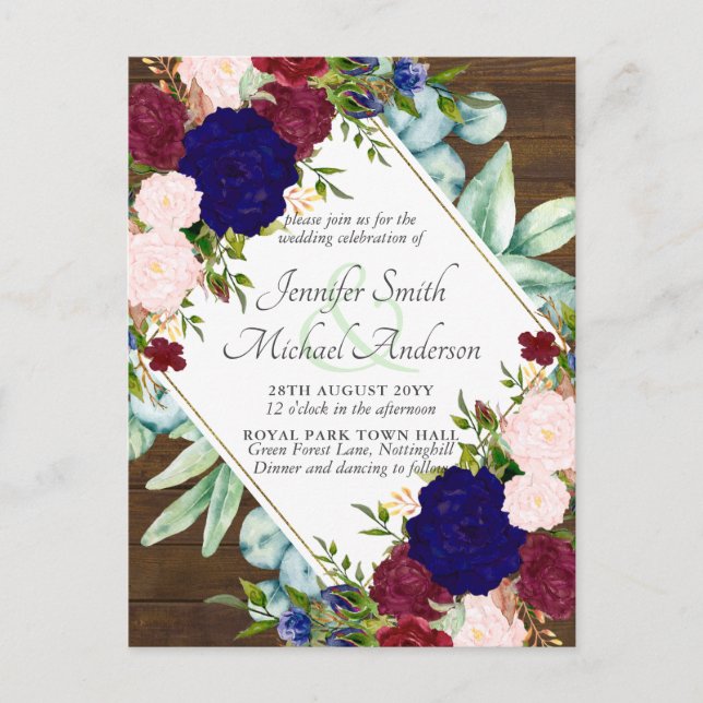 Carte Postale Burgundy Blue Pink Floral Enregistrer Date Mariage (Devant)