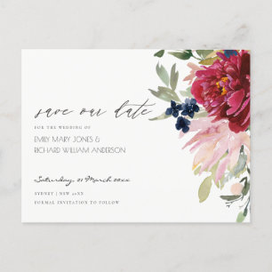 Carte Postale Burgundy Blush Blue Floral Wedding Enregistrer la 