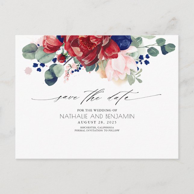 Carte Postale Burgundy et Navy Blue Floral Boho Enregistrer la d (Devant)