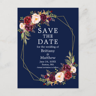 Carte Postale Burgundy Floral Geo Frame Bleu Enregistrer la date