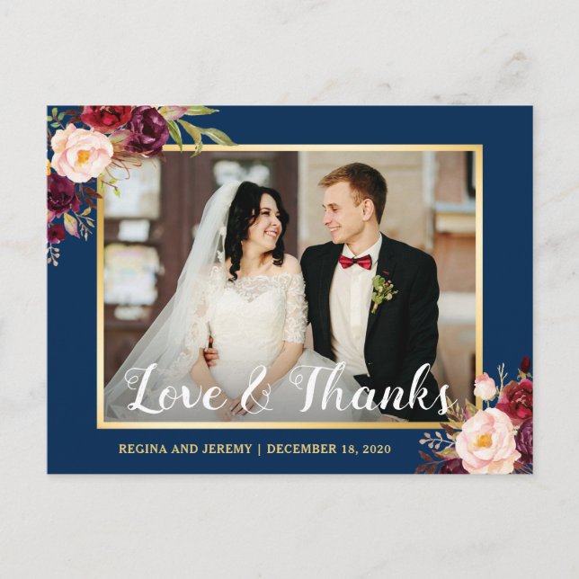 Carte Postale Burgundy Floral Navy Blue Mariage Photo Merci (Devant)