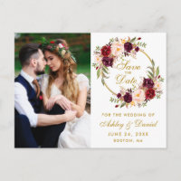 Burgundy Floral Wreath Gold Enregistrer la date Ph