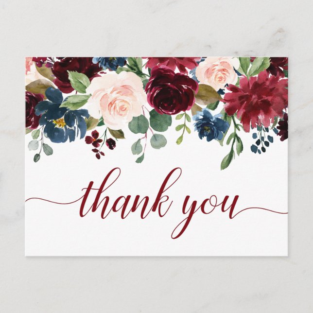 Carte Postale Burgundy Navy Blue Blush Floral Merci (Devant)