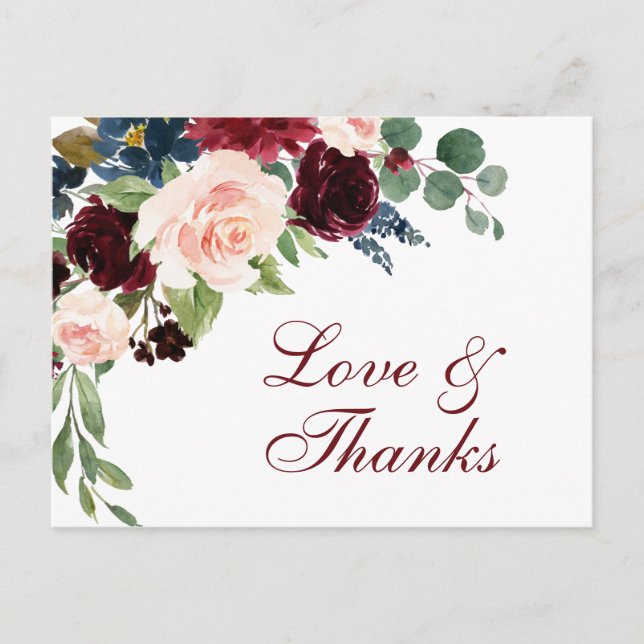 Carte Postale Burgundy Navy Blue Blush Floral Merci (Devant)
