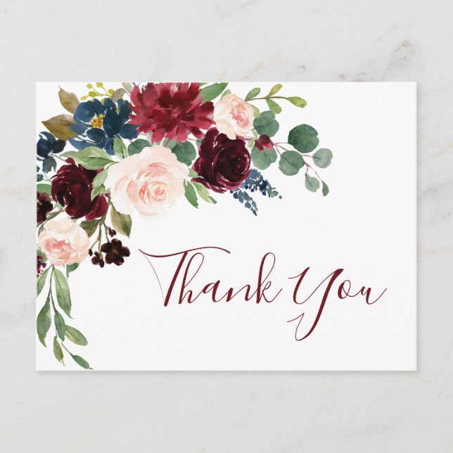Carte Postale Burgundy Navy Blue Blush Floral Merci (Devant)