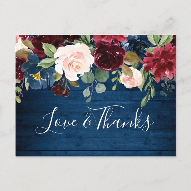Carte Postale Burgundy Navy Blue Blush Floral Merci (Devant)