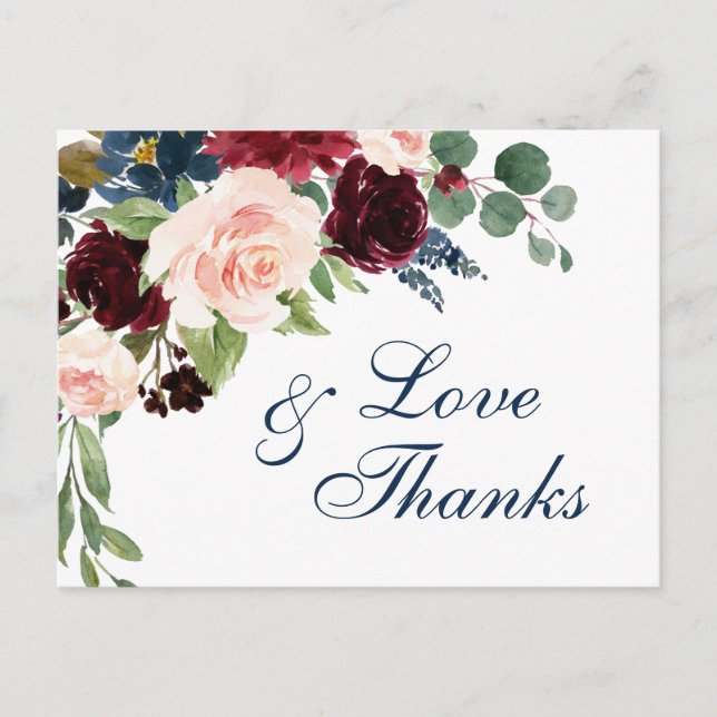 Carte Postale Burgundy Navy Blue Blush Floral Merci (Devant)