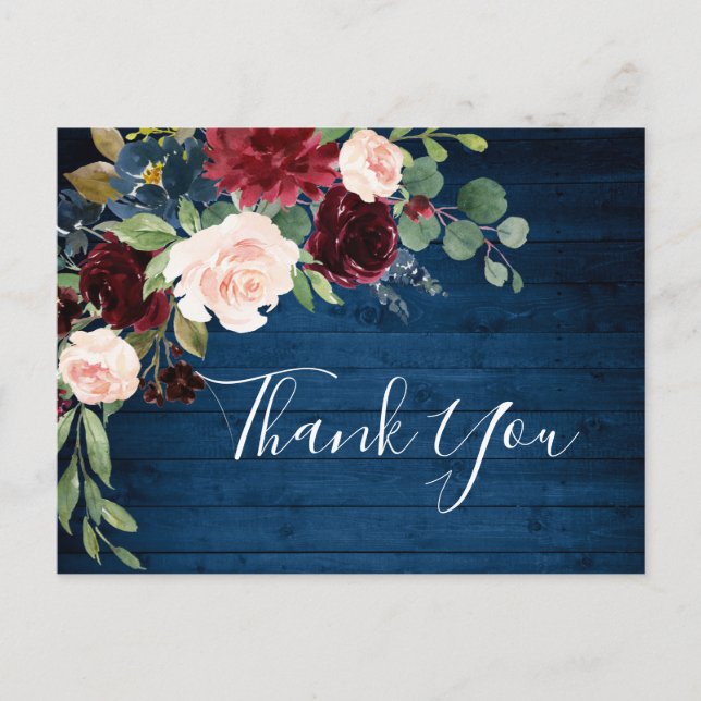 Carte Postale Burgundy Navy Blue Blush Floral Merci (Devant)