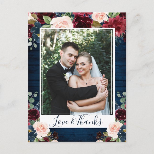 Carte Postale Burgundy Navy Blue Blush Mariage Photo Merci (Devant)