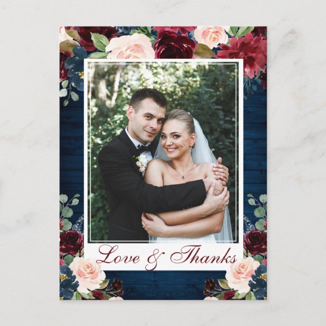 Carte Postale Burgundy Navy Blue Blush Mariage Photo Merci (Devant)