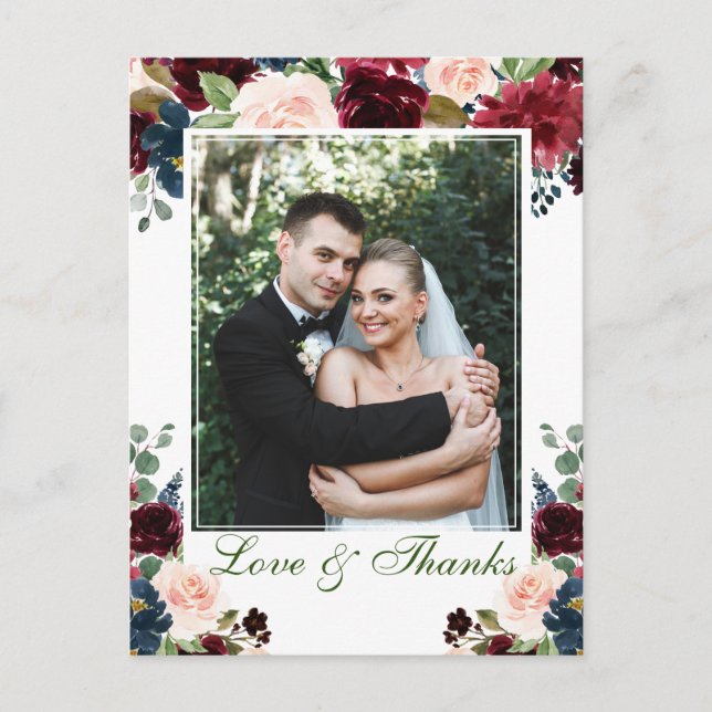 Carte Postale Burgundy Navy Blue Blush Mariage Photo Merci (Devant)