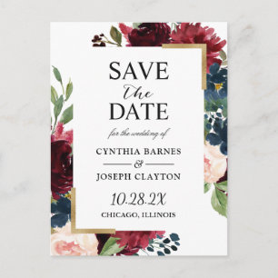 Carte Postale Burgundy Navy Blue Floral Wedding Enregistrer la d