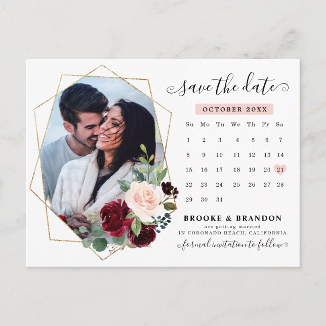 Carte Postale Burgundy Navy Blush Floral Calendrier Enregistrer  (Devant)