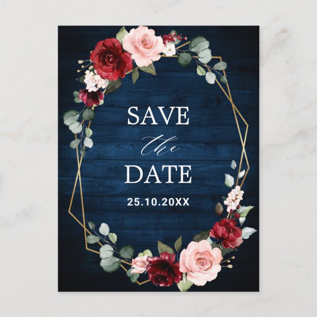 Carte Postale Burgundy Navy Blush Floral Geometry enregistrer la (Devant)