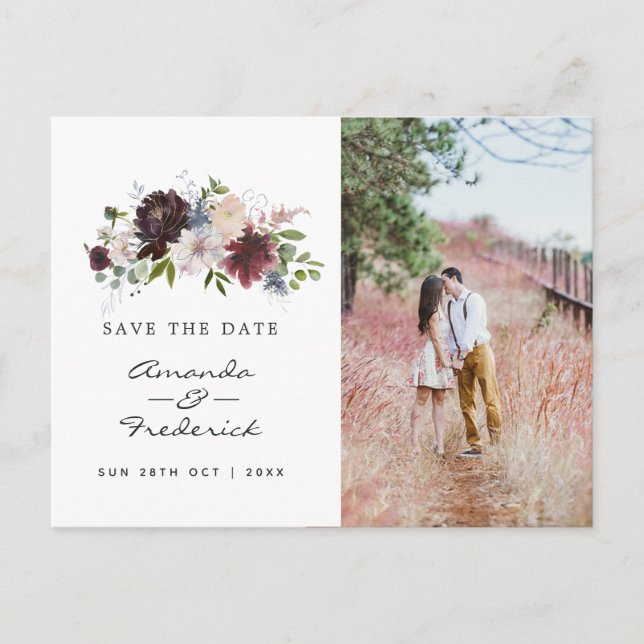 Carte Postale Burgundy Navy et Blush rose Wedding Enregistrer la (Devant)