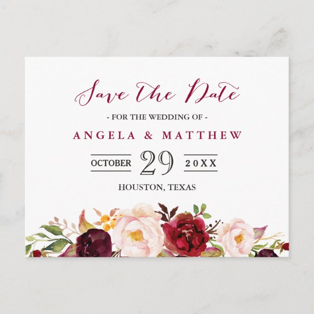 Carte Postale Burgundy Red Blush Floral Wedding Enregistrer la d (Devant)