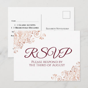 Carte Postale Burgundy & Rose Gold Dentelle Blanc Mariage RSVP