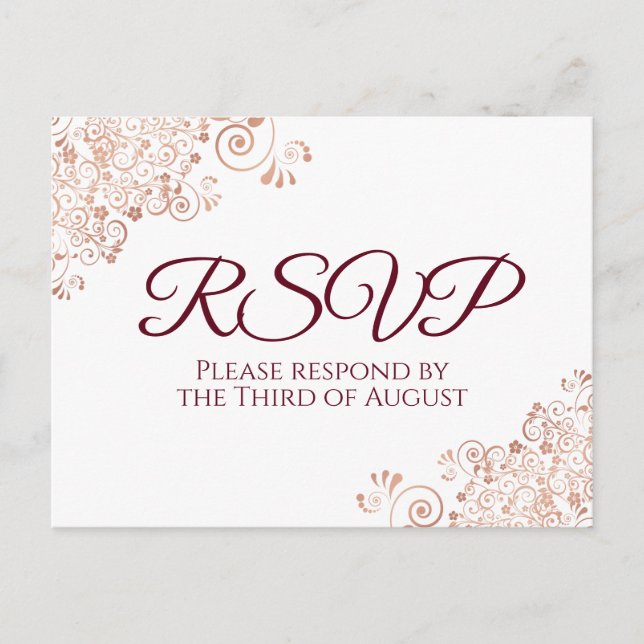 Carte Postale Burgundy & Rose Gold Dentelle Blanc Mariage RSVP (Devant)