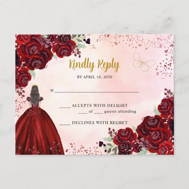 Carte Postale Burgundy Rouge or Floral Princesse Quinceañera RSV (Devant)