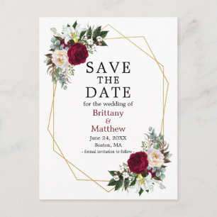 Carte Postale Burgundy White Floral Save The Date Geo Frame