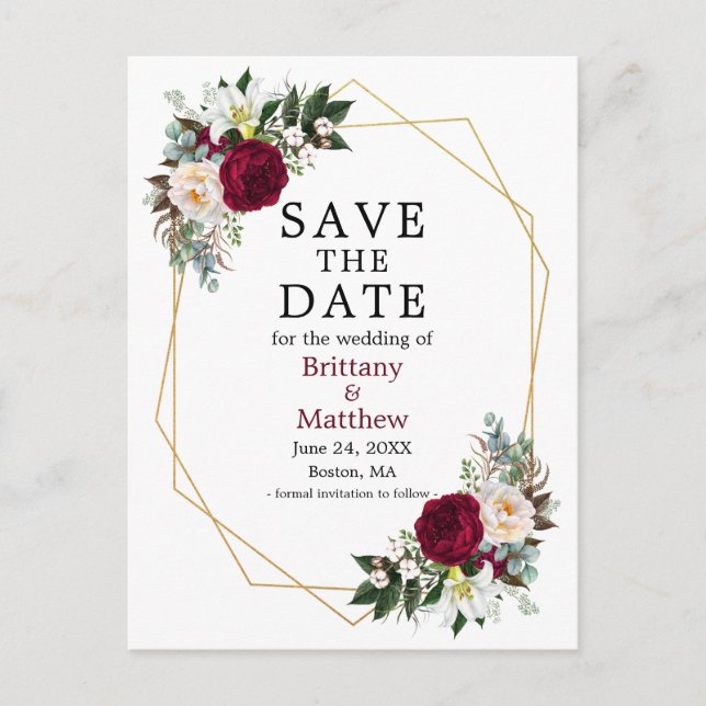 Carte Postale Burgundy White Floral Save The Date Geo Frame (Devant)