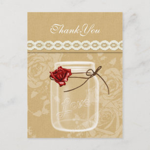 Carte Postale burlap et rouge rose mason jarre merci