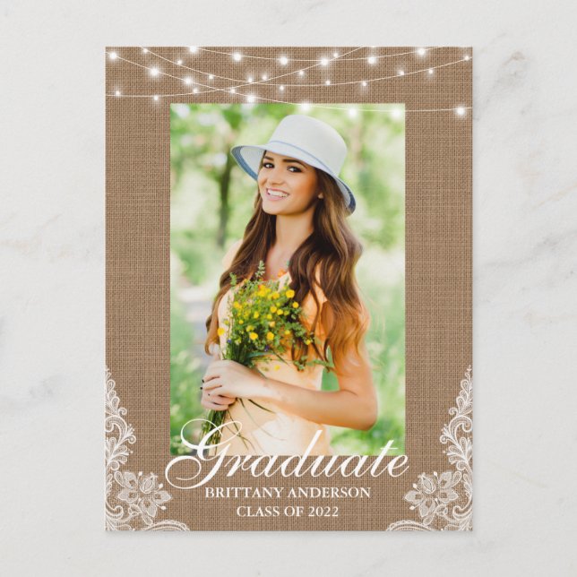 Carte Postale Burlap Lace Lumières Photo Graduation Faire-part (Devant)