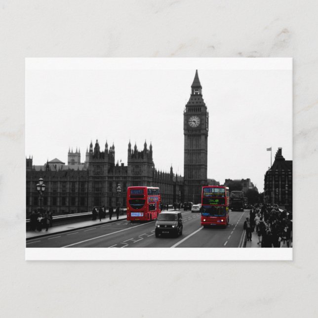 Carte Postale bus touristique rouge et Big Ben de Londres (Devant)