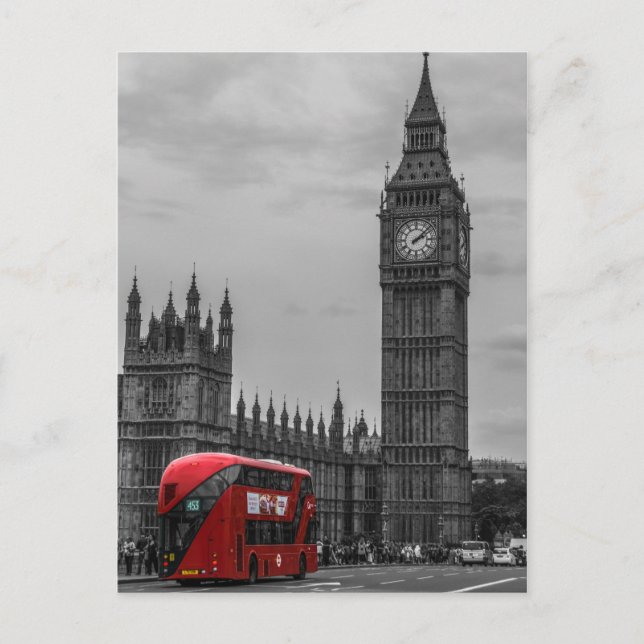 Carte Postale BW Black & White London Red Bus & Big Ben (Devant)