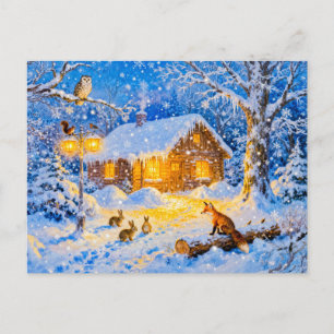 Carte Postale Cabane de forêt hivernale avec animaux des bois