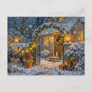 Carte Postale Cabane d'hiver avec Écureuil, Chat et Rougegorge A