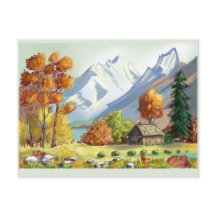 Cabane en montagne couleurs d'automne. peinture.