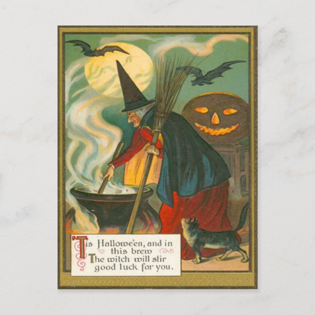 Carte Postale Cabine de sorcière Cauldron Jack-o'-lantern Chat d (Devant)