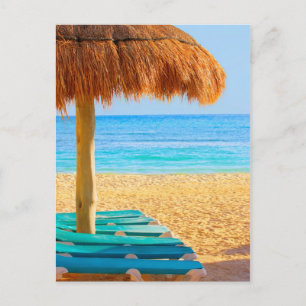 Carte Postale Cabine D'Herbe Et Transats Sur La Plage