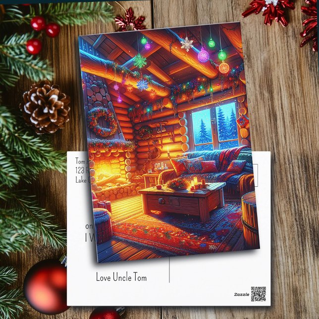 Carte Postale Cabine en bois et cheminée chaude le soir de Noël (Créateur téléchargé)