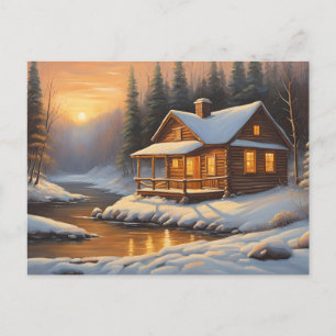 Carte Postale Cabine rustique en bois dans la forêt d'hiver