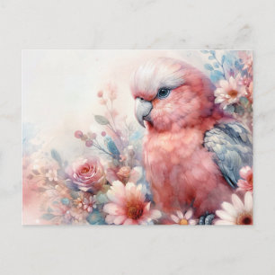 Carte Postale Cacatoès Galah Rose Aquarelle Florale