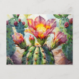Carte Postale Cactus à l'aquarelle avec fleurs vibrantes du dése