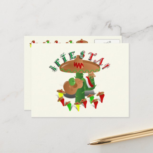 Carte Postale Cactus de Fiesta avec Sombrero et Guitare (Devant/Arrière en situation)