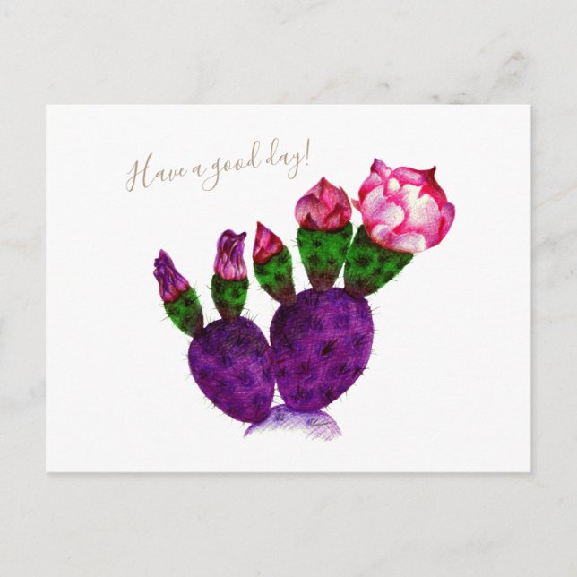 Carte Postale Cactus lumineux avec stylo à fleurs dessin Botaniq (Devant)