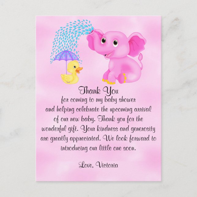 Carte Postale Cadeau de Baby Shower Remerciement Fille Éléphant (Devant)