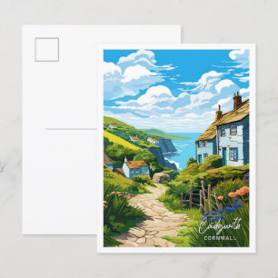 Carte Postale Cadgwith Cornwall Art Voyage illustration Vintage