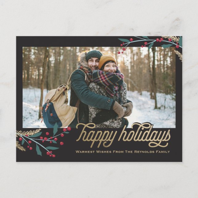 Carte Postale Cadre photo Gold Red Berries | Joyeuses fêtes (Devant)