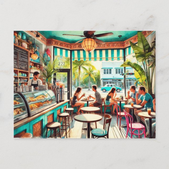 Carte Postale Café à Miami Watercolor (Devant)
