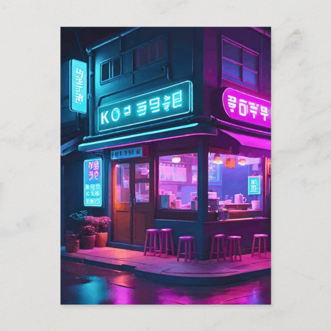 Carte Postale Café Coréen Neon LoFi Art (Devant)