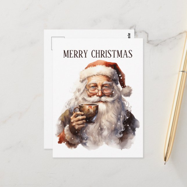 Carte Postale café de Noël festif Père Noël ajouter du texte (Devant/Arrière en situation)