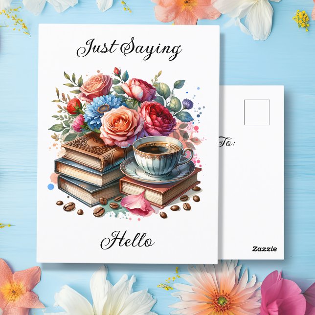 Carte Postale Café, livres et fleurs | Réfléchissez à votre suje (Créateur téléchargé)