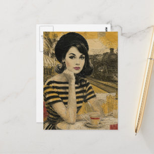 Carte Postale Café Rétro à la Gare Collage de Femme